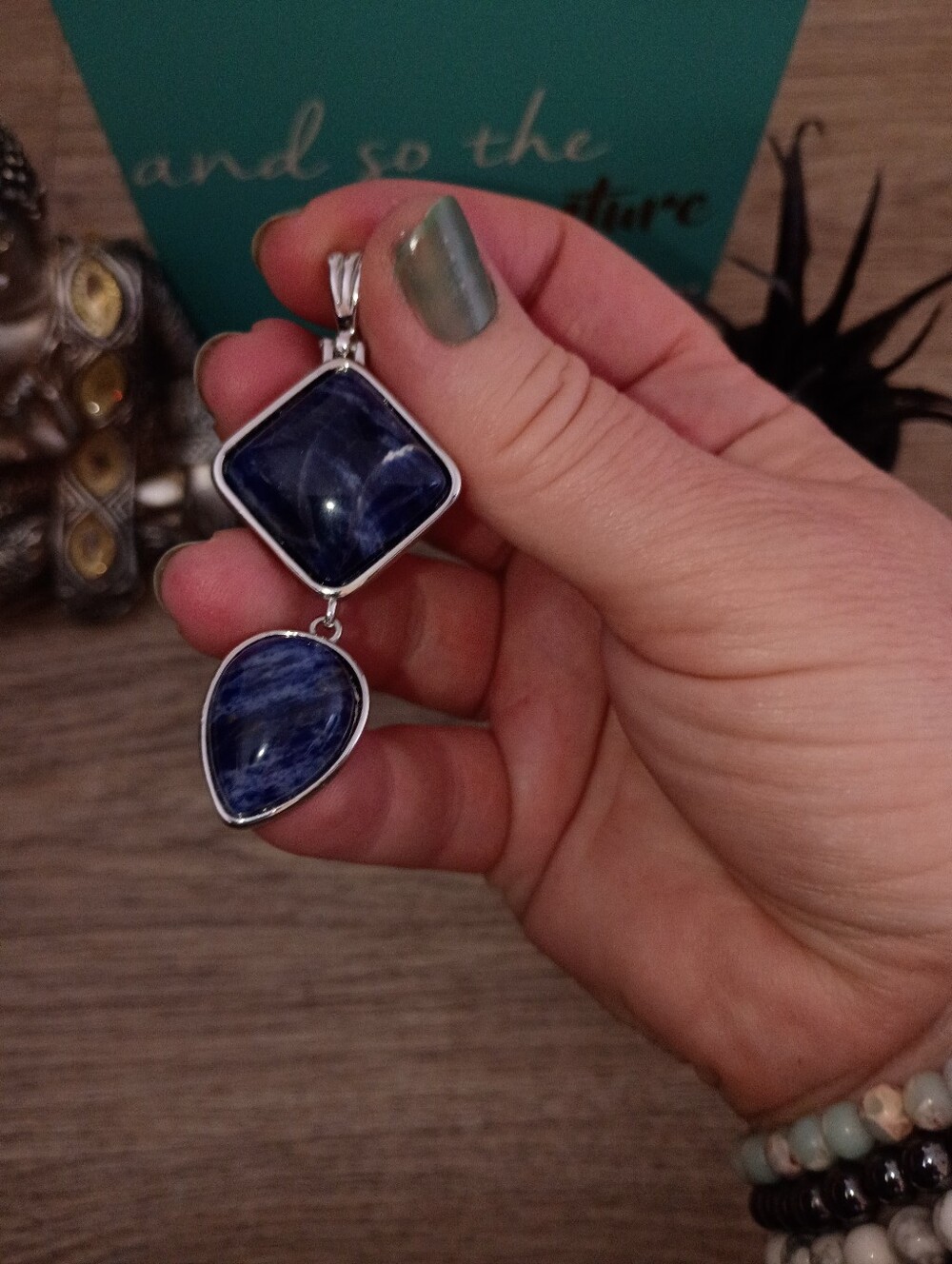 Double Sodalite Pendant In Silver Tone Iron